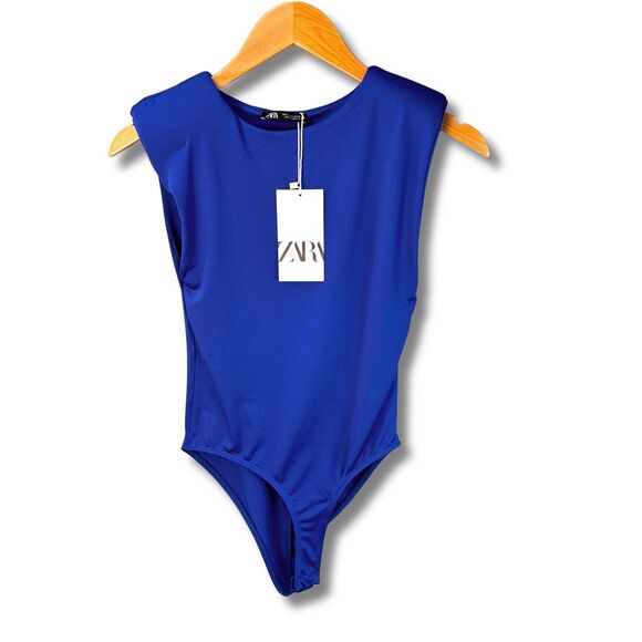 NWT -ZARA Contour Shoulder Pad Bodysuit Royal Blue Size S Small New With Tags - Picture 1 of 14